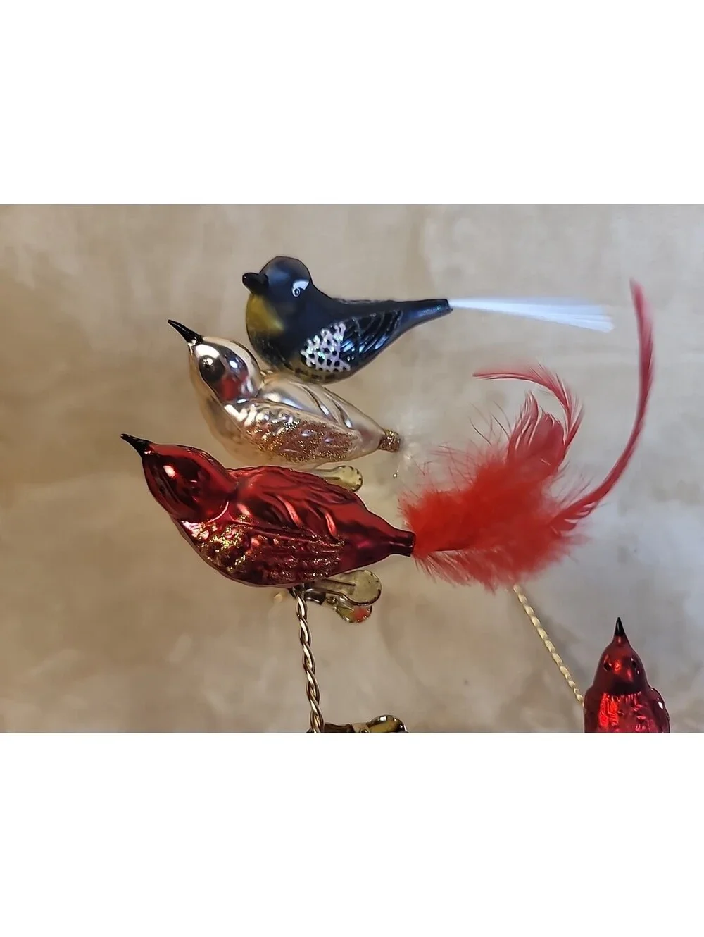 5 Vintage Mercury Glass Clip on Bird Christmas Ornaments Feathers & Spun Tails